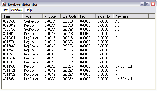 Secreenshot of the KeyEventMonitor's main dialog